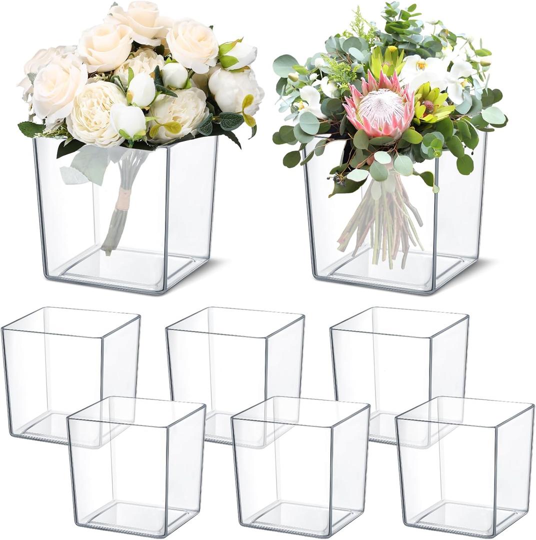 Tioncy 6 Pcs Clear Square Vase 5'' x 5'' Acrylic Flower Plastic Vases for Centerpieces Acrylic Cube Plastic Container Bulk Succulent Pots Planters for Plant Wedding Home Office Floral Decor