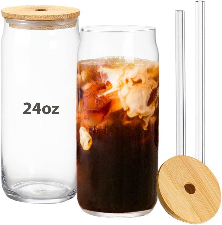 24oz Drinking Glass with Bamboo Lid and Straw, 2 Pack Glass Tumbler for Beer, Iced Coffee, Matcha Cup with 2 Straw Brush