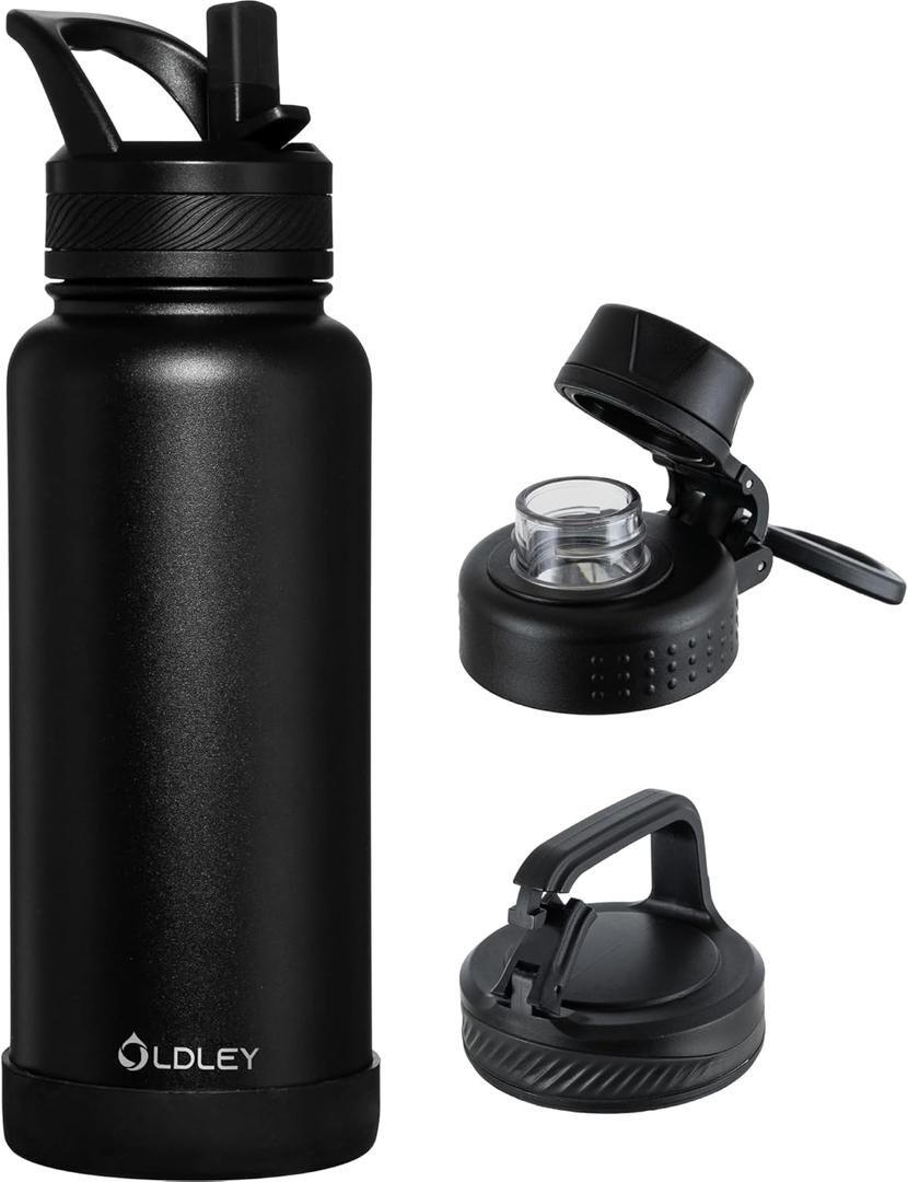 OLDLEY 32 oz Insulated Water Bottle With Straw, Stainless Steel Sports Water Cup Flask with 3 Lids(Straw, Spout and Handle Lid) Double Walled Travel Thermal Canteen Mug,Black