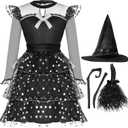 Spooktacular Creations Kids Witch Costume, Halloween Costume Witch Dress with Broom Hat Tights for Girls Glittery for Halloween Role Play Parties, Black (Medium(8-10 yrs)) (M)