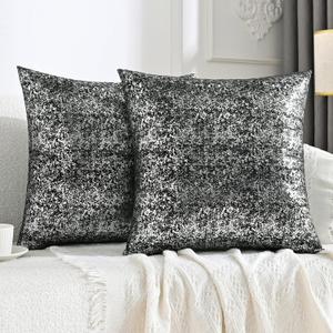 JELLYMON Sparkling Decorative Pillow Covers Set of 2, Silver Glitter Throw Pillows Cover 16 x 16 Inch for Living Room Bed Sofa Couch, Morden Home Luxury Decor(16x16in,Silver Black)