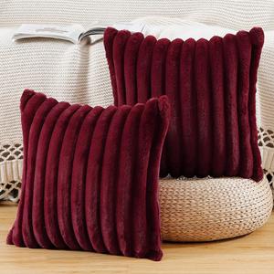 MADIZZ Set of 2 Faux Wool Plush Decorative Throw Pillow Covers 18x18 Inch Burgundy Fluffy Striped Soft Decorative Cushion Cover for Sofa Bedroom Pillow Shell