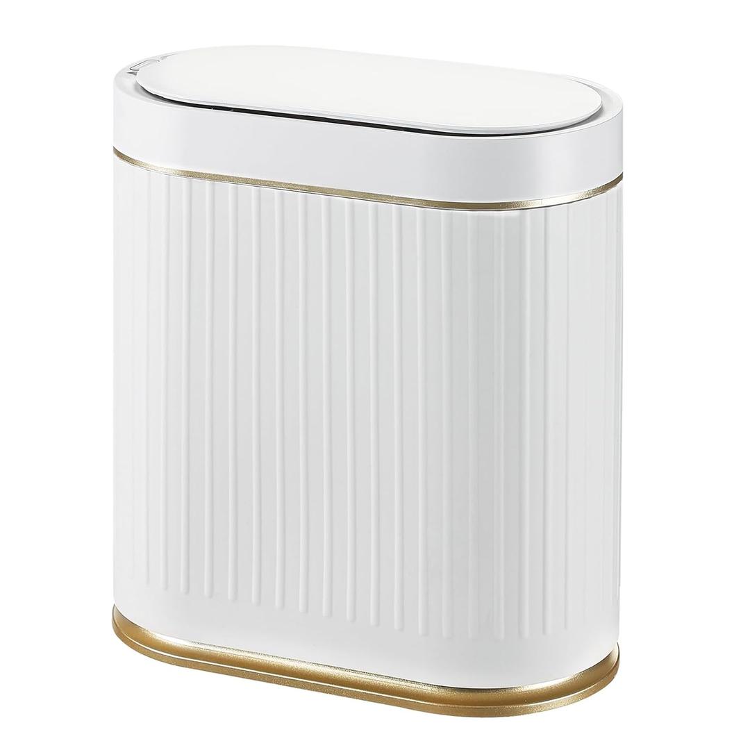 ELPHECO Bathroom Trash Can with Lid 2 Gallon Motion Sensor Garbage Can 7.5 Liter Small Trash can Touchless Bathroom Decor Waterproof Smart Waste Bin with Stripes for Bedroom, Office (White-Golden)