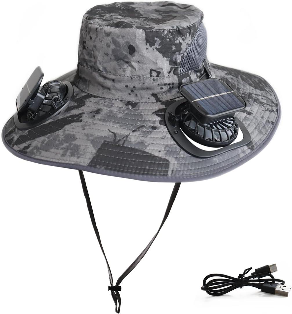 Solar Fan Hat Rechargeable 2 Detachable Solar Fans, Water-Repellent Wide Brim Bucket Hat, Outdoor Camping Hiking Golf Sun Hat (GrayscalePrinting)