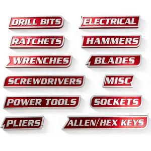 Magnetic Tool Box Labels, Reusable Heavy Duty Magnetic Toolbox Labels for Garage, Workshop, Storage Bins, 12 Pcs/Red (Extra-thick)