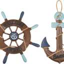 2 Pack 13" Nautical Beach Wooden Ship Wheel and 13" Wooden Anchor with Rope Nautical Boat Steering Wheel Rudder Anchor Wall Art Decor Door Hanging Ornament Beach Theme Home Decoration(Retro Brown)