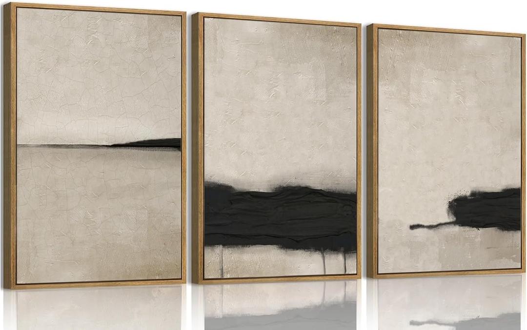 myusuar 3 Piece Large Modern Abstract Canvas Framed Wall Art For Living Room, Black And Beige Vintage Minimalist Wall Art Decor Posters Prints For Bedroom Office 12x16in