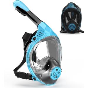Full Face Snorkel Mask for Adults, Snorkeling Gear for Kids, Anti-Fog & Anti-Leak Design with 180 Panoramic View, Dry Top Breathing System, Ideal for Scuba Diving, Snorkeling (Blue)