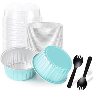 25PCS Round Mini Loaf Pans with Lids,Mini Cake Pans with Lids,Disposable Ramekins Baking Cups Muffin Tins Cupcake Cups for Wedding Birthday Party,5oz (Blue)