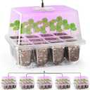 Bonviee 5 Packs Seed Starter Tray with Grow Light, Elevated Seedling Starter Trays Kits with Adjustable Humidity Domes and Clear Cell Tray, 12 Full Spectrum led lamp Beads for Plants Indoor-Clear