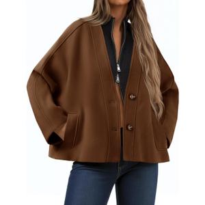 Yousify Womens Cropped Wool Blend Pea Coat Casual V Neck Button Down Short Jackets Fall Shackts with Pockets (Medium, Brown)