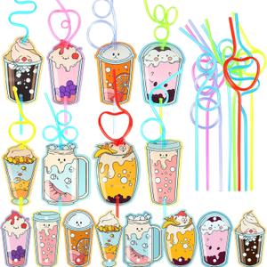 Valentines Day Cards for Kids 32 Pack - 32 Colorful Valentine Gift Cards + 32 Lovely Loops Reusable Drinking Straws for Classroom Exchange Prizes, Valentine Party Favors