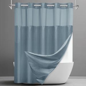 SORTTO No Hook Shower Curtain with Snap in Liner Set Waffle Shower Curtain for Bathroom Hotel Style Fabric Waterproof Inner Liner71" W x 74" H, Stone Blue