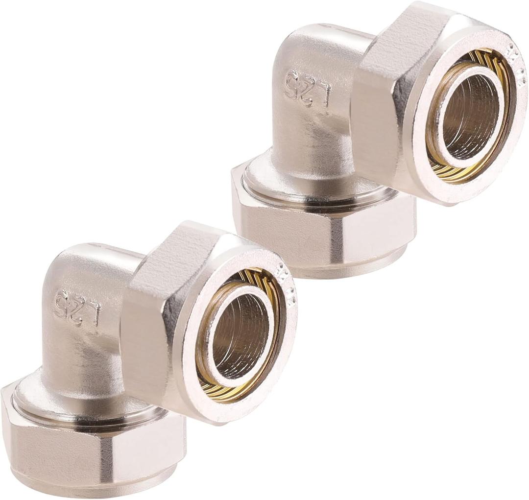 2PC 3/4 Elbow Air Piping Fittings, Brass-Nickel Plated, 200PSI, Air Fittings For Shop Garage Compressed Air line System Kit
