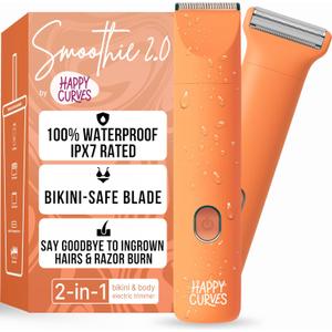 HAPPY CURVES Smoothie 2.0 Bikini Trimmer - Electric Razor for Women, Waterproof Hair Groomer with Adjustable Guards, Personal Shaver for Pubic Hair, Ladies Intimate Shaver and Body Trimmer (Mango)
