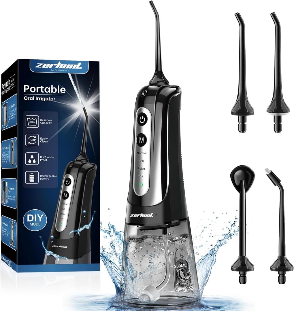 Water Dental Flosser Pick for Teeth: 4 Modes Cordless Portable Water Flossers Teeth Cleaner Rechargeable 300ML IPX7 Waterproof Oral Irrigator Flossing Cleaning Picks for Home Travel (Black)