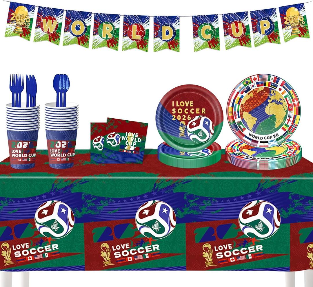 Party Decorations for World Cup 2026, 82 PCS Soccer Theme Party Supplies with Thickened Plates, Napkins Set Tablecloth and Banner for Sports Birthday Party, Soccer Decor