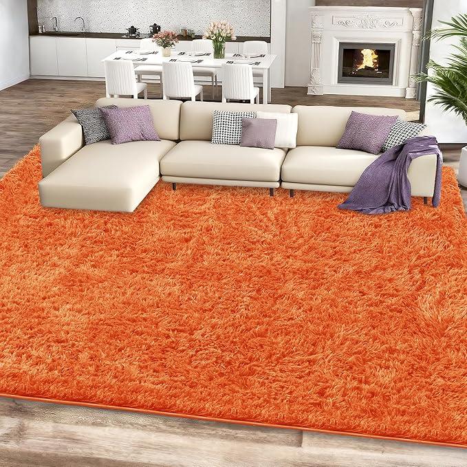 8x10 Orange Area Rugs for Living Room, Large Fluffy Shag Rug for Bedroom Nursery, Ultra Soft Comfy, Big Fuzzy Shaggy Plush Carpet for Kids Boys Girls Teen Indoor Home Decor, Upgrade NonSlip