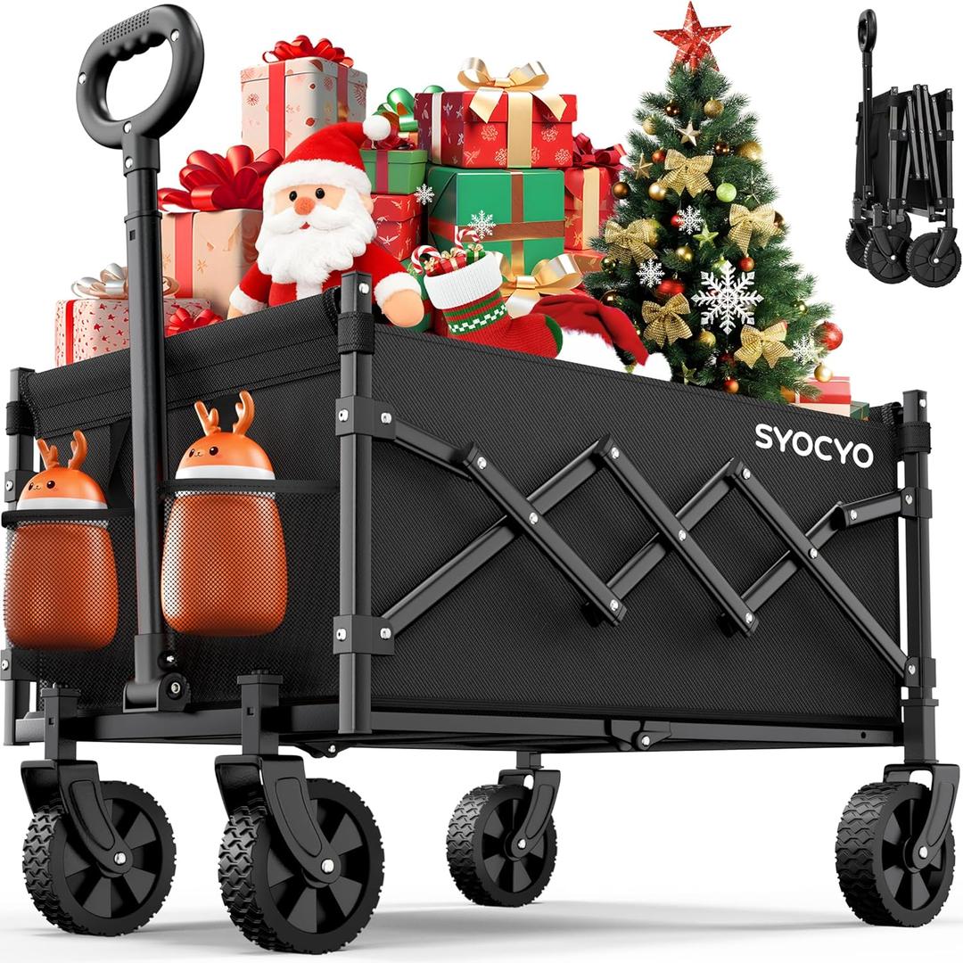 Collapsible Wagon Cart 220lbs Beach Foldable Wagon Lightweight & Portable Folding Utility Grocery Shopping Carts with Wheels for Shopping Garden and Sports (Black)