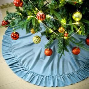Hiboom Dusty Blue Velvet Christmas Tree Skirt Elegant Retro Xmas Decoration Holiday Party Decor Soft Velvet Fold Edge Home Decor Merry Christmas Party Xmas Tree Decorations 36in