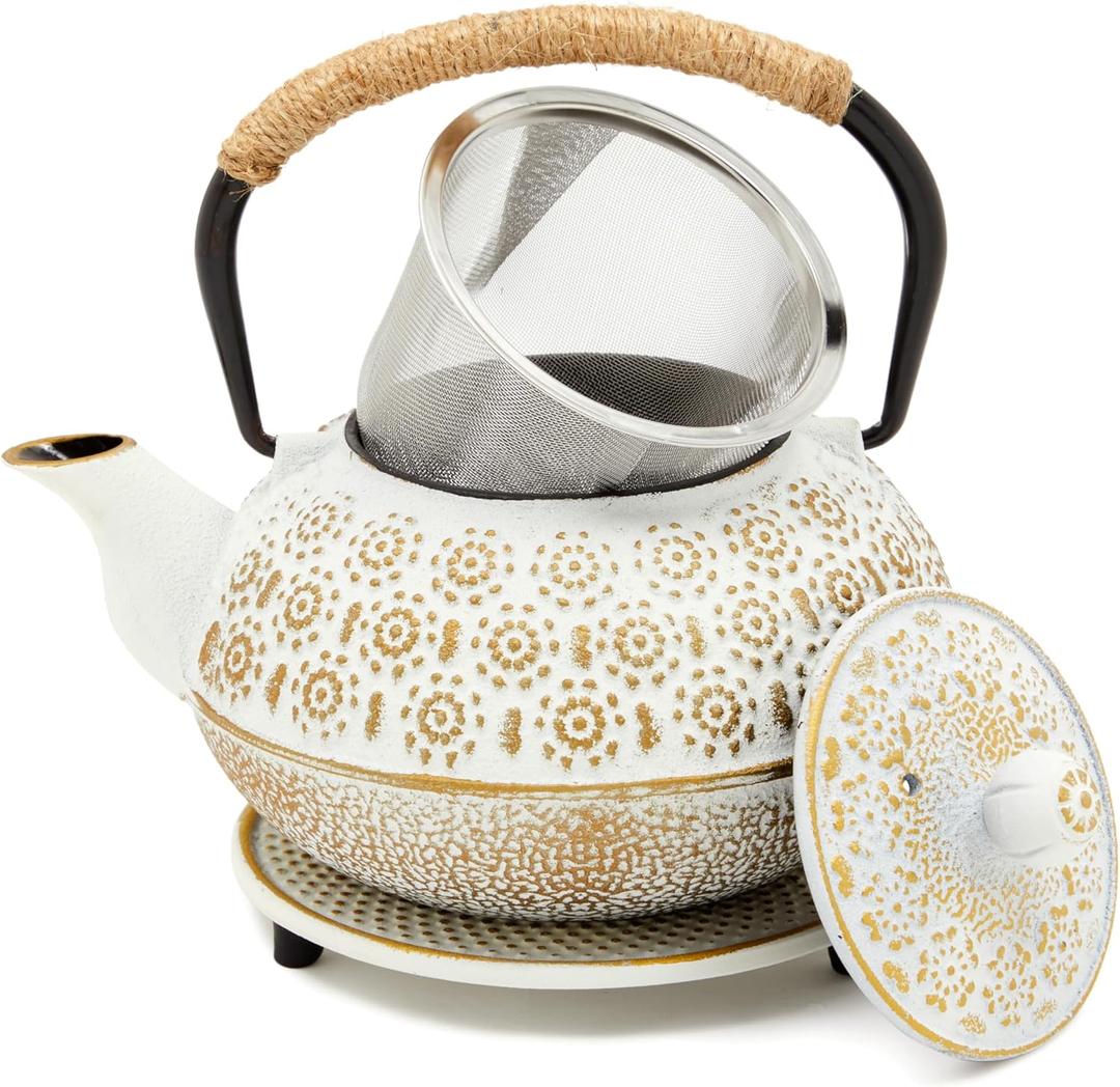 Juvale Stovetop Cast Iron Tea Kettle with Infuser - Superior Heat Retention Loose Leaf Tea Pot - Built-In Teapot with Strainer - Includes Trivet & Infuser Kettle - White, 27 Oz (800 ml)