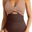 Aleumdr Women's Ribbed One Piece Swimsuit Tummy Control High Cut Bathing Suit Sexy V Neck Criss Cross Monikini (Nude Brown), Small