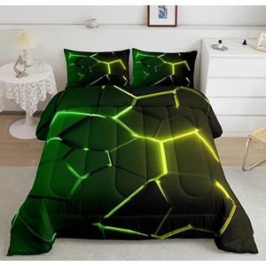 Wowelife Geometry Queen Comforter Sets, Hexagon Bedding Set Queen Size Green Yellow, Premium 5-Piece Black Neon Lights Comforter Set, and Soft for Teen Girls, Boys and Adults