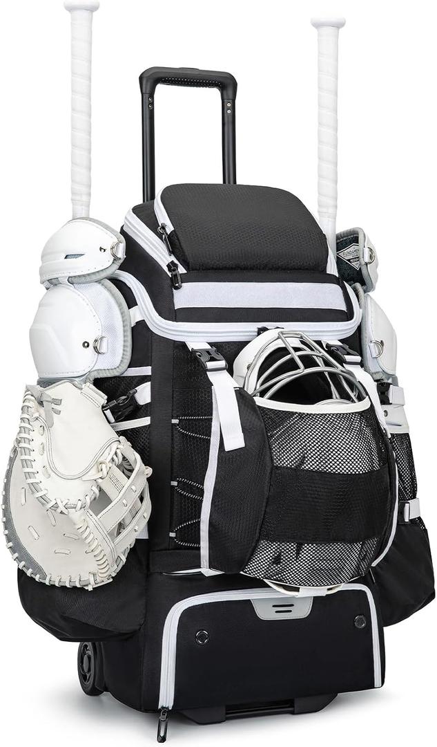 KAVIGOR Catchers Gear Bag with Wheels, 90L Rolling Baseball/Softball Bag Holds 2 Sets of Gear with Glove Compartment, Helmet Holder & Shoe Compartment