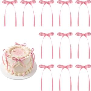 30 Pack Bow Cake Toppers Rose Pink Ribbon Bows for Cake Bow Cupcake Toppers Pink Bow Birthday Decorations for Baby Shower, Wedding, Bachelorette Party, Mothers Day Decorations