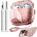 Inesore with Safety Lock for AirPods 4 Case Cover 2024, Floral Cute AirPod 4th Generation Case for Women Girly with Cleaner Kit and Keychain- Pink Gold Marble