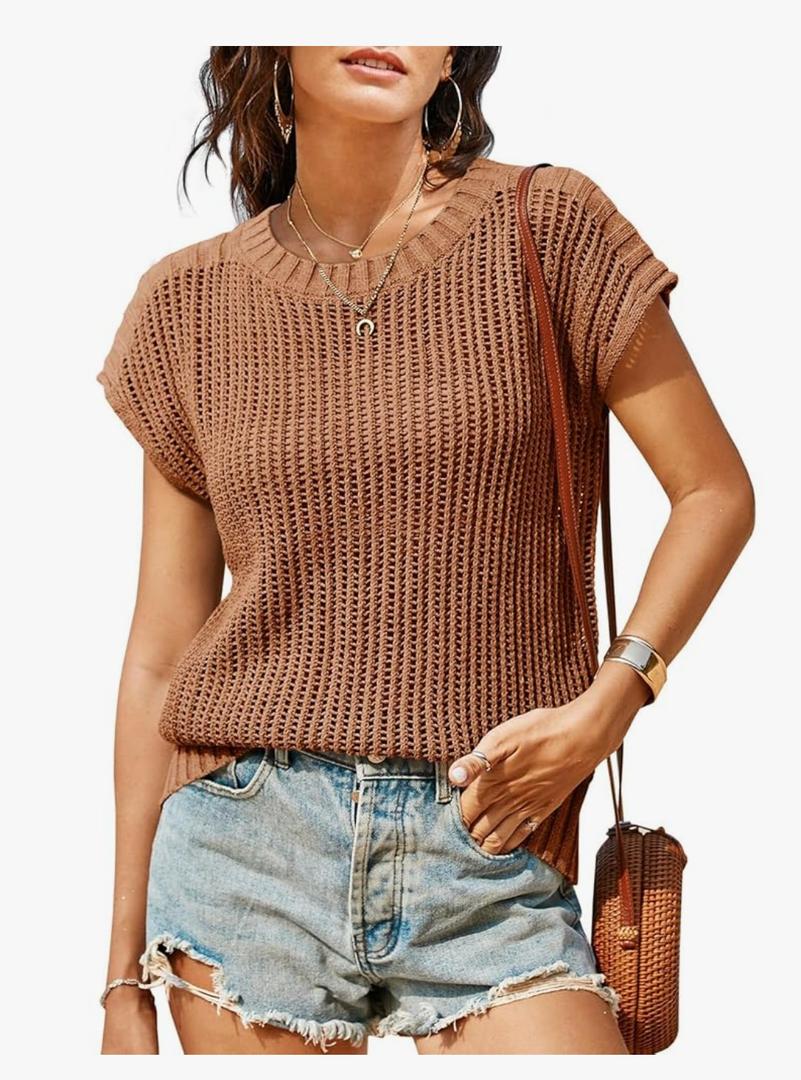 Saodimallsu Womens Crochet Summer Top Cap Sleeve Sexy Mesh Crew Neck Trendy Going Out Beach Sweater Coverups M
