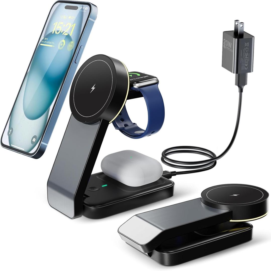 3 in 1 Wireless Charging Station for Apple Devices, Portable Mag-Safe Charger with Light, Charger Stand Compatible with iPhone 15/14/13/12 Series, Apple Watch, Airpods, (Black)