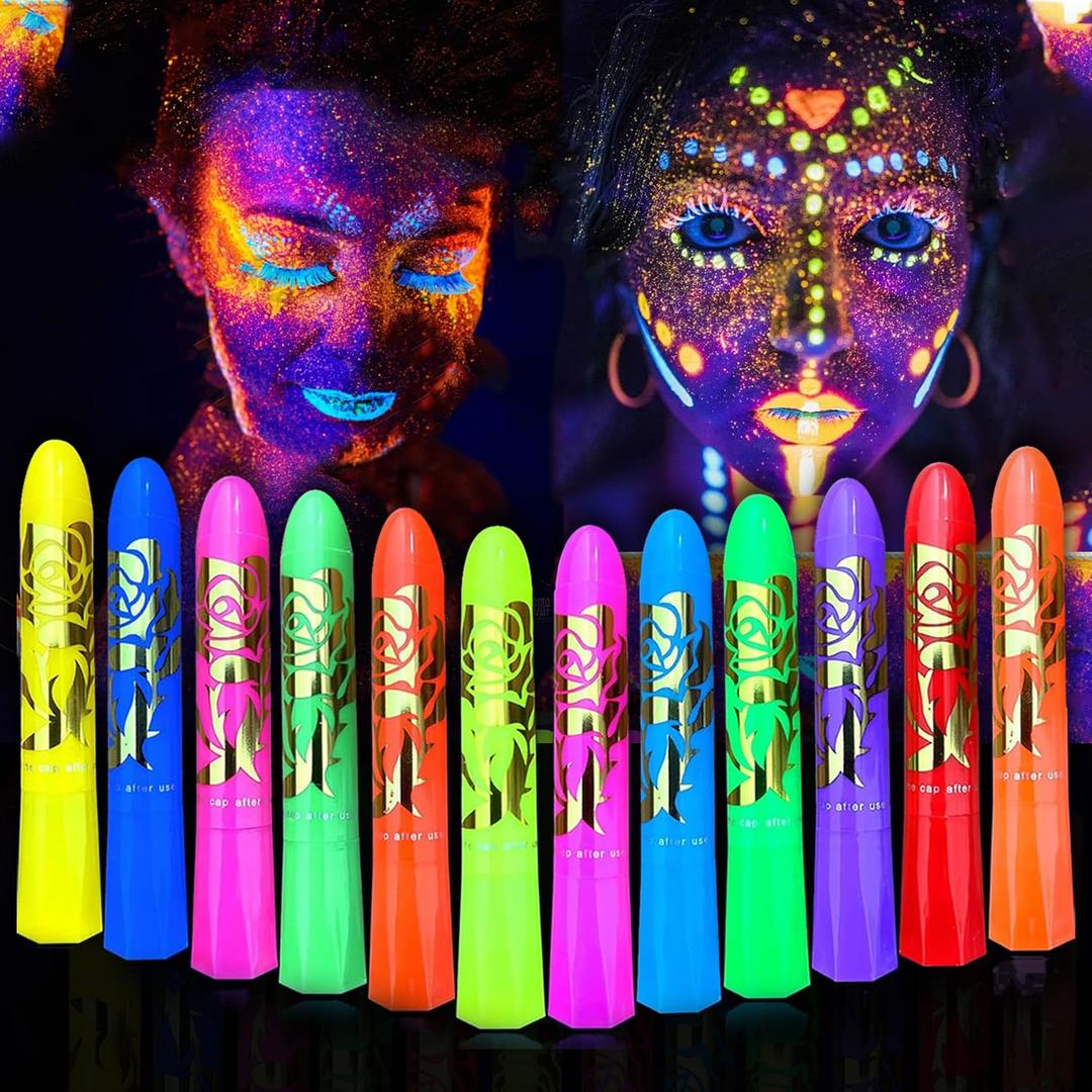 Glow in The Dark Face Body Paint, Glow In The Dark Under UV Black Light Sticks Makeup Neon Face Painting Kits for Adult Halloween Festival Accessory Glow Party Supplies (12)