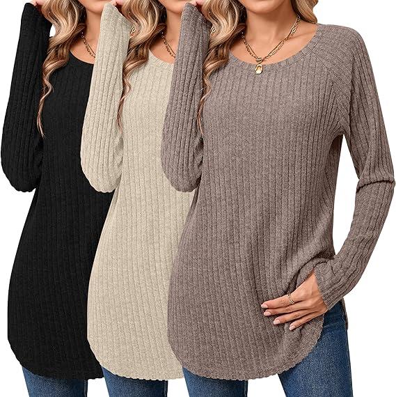 Ficerd 3 Pack Women's Curved Hem Long Sleeve Sweaters, Side Split Crew Neck Tunic Tops Loose Fit Shirts Basic Pullover, Size: XL