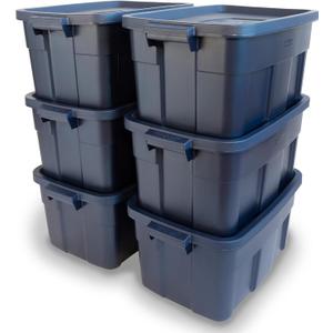 Rubbermaid Roughneck Tote 14 Gal, Made in USA, Dark Indigo Metallic, Rugged Plastic Stackable Storage Bins with Lids and Handles (1 Pc)