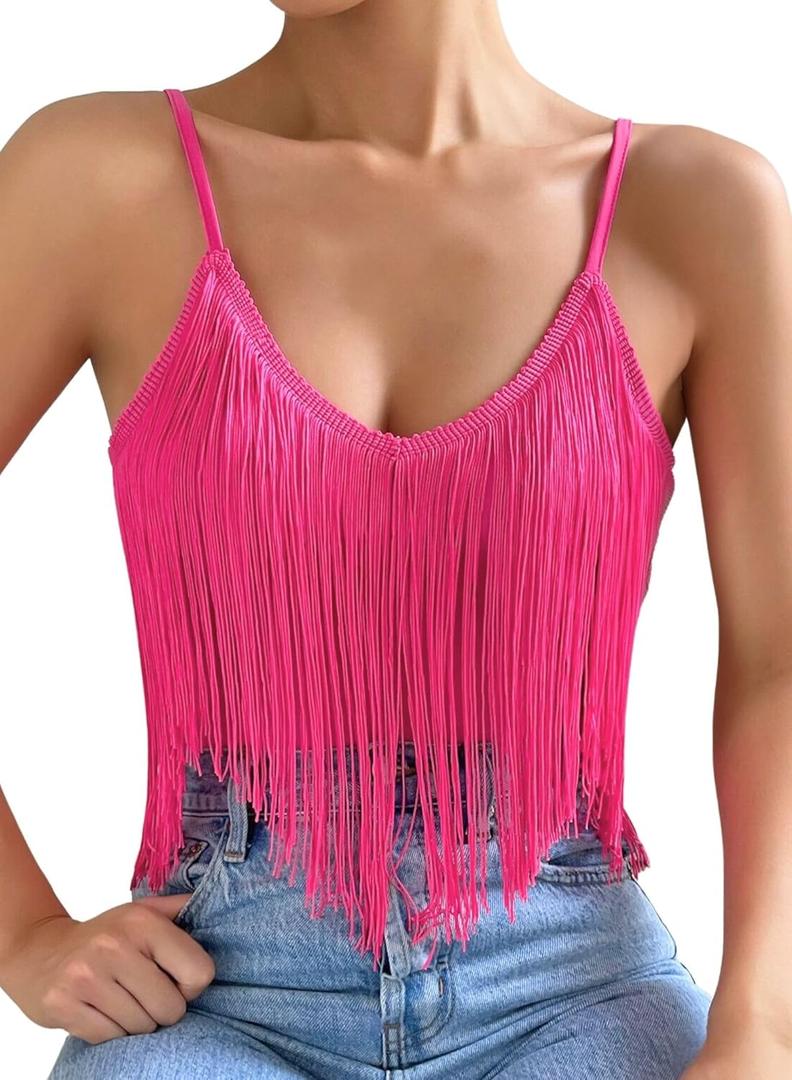 Womens Western Cowgirl Fringe Top - Country Concert Outfits Festival Tassel Hem Boho Rodeo Camisole Rave Tank Shirt (Small, Pink)