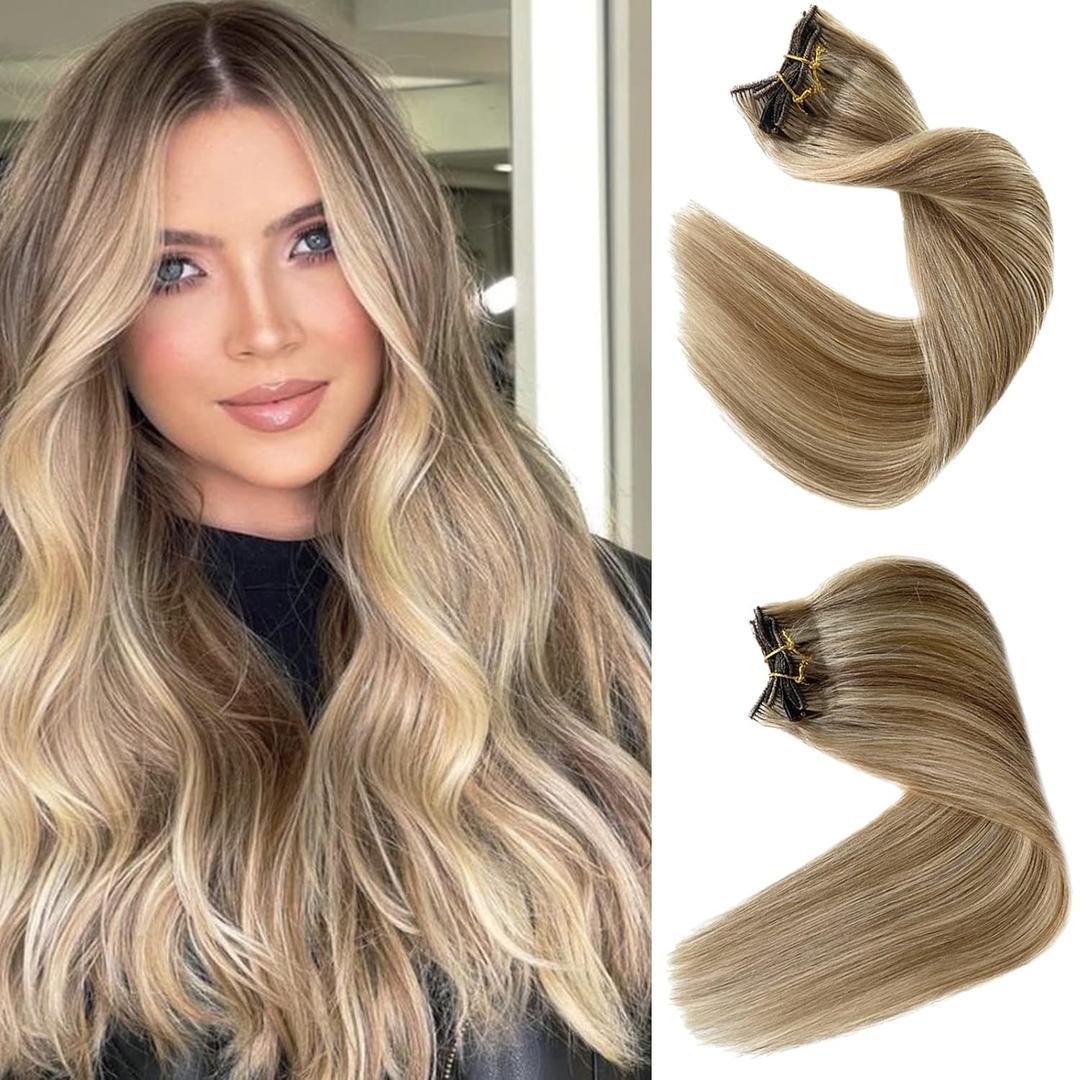 Hair Extensions Real Human Hair, Clip in Human Hair Extensions Light Blonde and Golden 18Inch Remy Hair Extensions Highlights Clip on Extensions 7 Pieces 70Gram