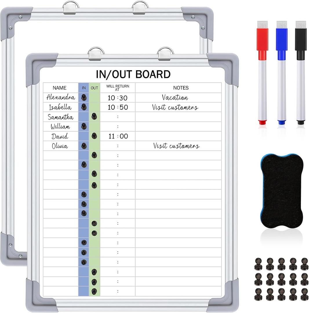 Lincia in and Out Magnetic Dry-Erase Board 16" x 12" Aluminum Framed White Board with Lines 21 Names with Magnetic Dry-Erase Marker, Eraser, and 20 Magnets Wall-Mounted for Office Employee