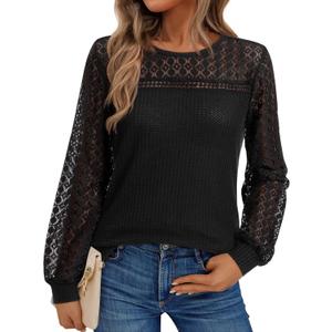 siliteelon Black Blouses for Women Dressy Casual Lace Long Sleeve Shirts Waffle Knit Tops Spring 2026 Trendy Night Out Top XX-Large