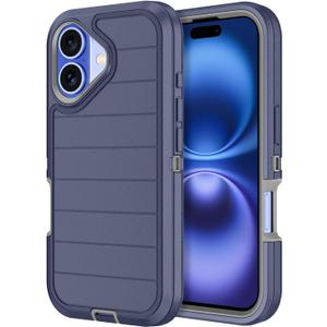 for iPhone 16 Plus Case Heavy Duty Shockproof Dropproof 3-Layer Full Body Protection Military Grade Rugged Tough Non-Slip Cover Case for Apple iPhone 16 Plus 6.7",Navy Blue/Grey