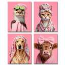 Pink Animals Bathroom Wall Art Decor,Funny Dog,Cow,Cat Bathroom Canvas Printing,Animal Art Posters Cute Girl Bedroom Wall Decoration Set of 4 (8x10inch,Unframed)