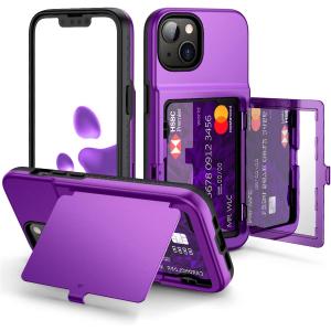 iPhone 13 / 14 Wallet Case with Credit Card Holder & Hidden Mirror, Two Layer Shockproof Heavy Duty Protection Cover Protective Case for iPhone 13/14 6.1 Inch - Purple