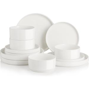 Sweejar Porcelain Dinnerware Sets for 4, 12 Pieces Ceramic Plates and Bowls Set, Classic Modern Simple Kitchen Dinner Dining Ware Set, Dishwasher and Microwave Safe Dishes Sets(Pure White), Service for 4
