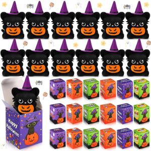 Civaner 24 Sets Halloween Stuffed Animal Mini Plush Toys Bulk with Gift Boxes Small Pumpkin Witch Hat and Keychains for Halloween Party Favors Decorations Classroom Exchange Gifts Doll(Black Cat)