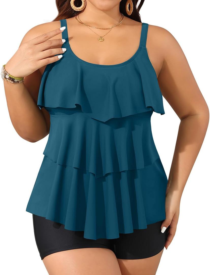 Yonique Women's Plus Size Tankini Swimsuits with Shorts Two Piece Bathing Suits Ruffle Swimsuits Tummy Control Swimwear (Blue Green Tankini) 
18W