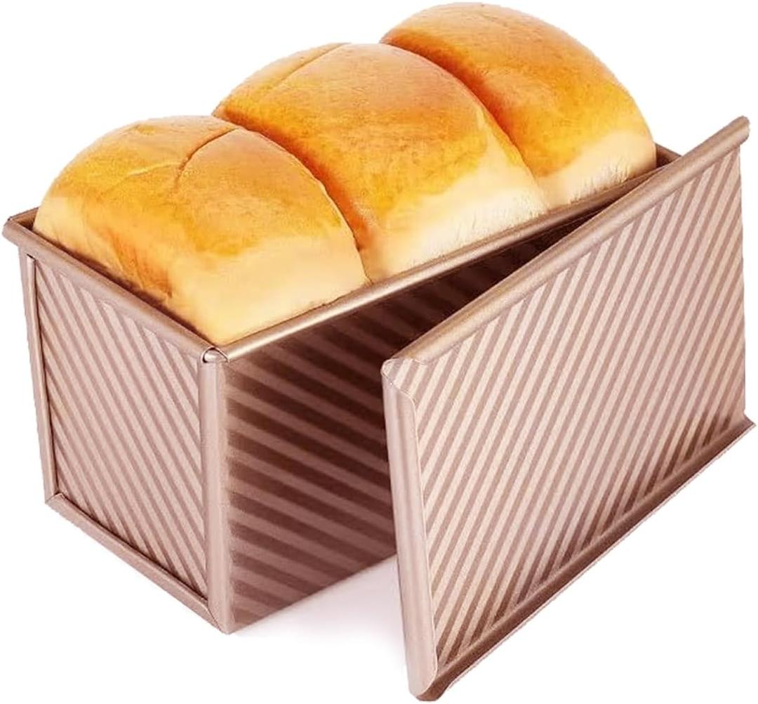 Pullman Loaf Pan with Lid, 9x4 inch (1 lb Dough Capacity), Non-Stick Sandwich Bread Loaf Pan for Homemade Baking Bread,carbon steel Rose Gold-Single