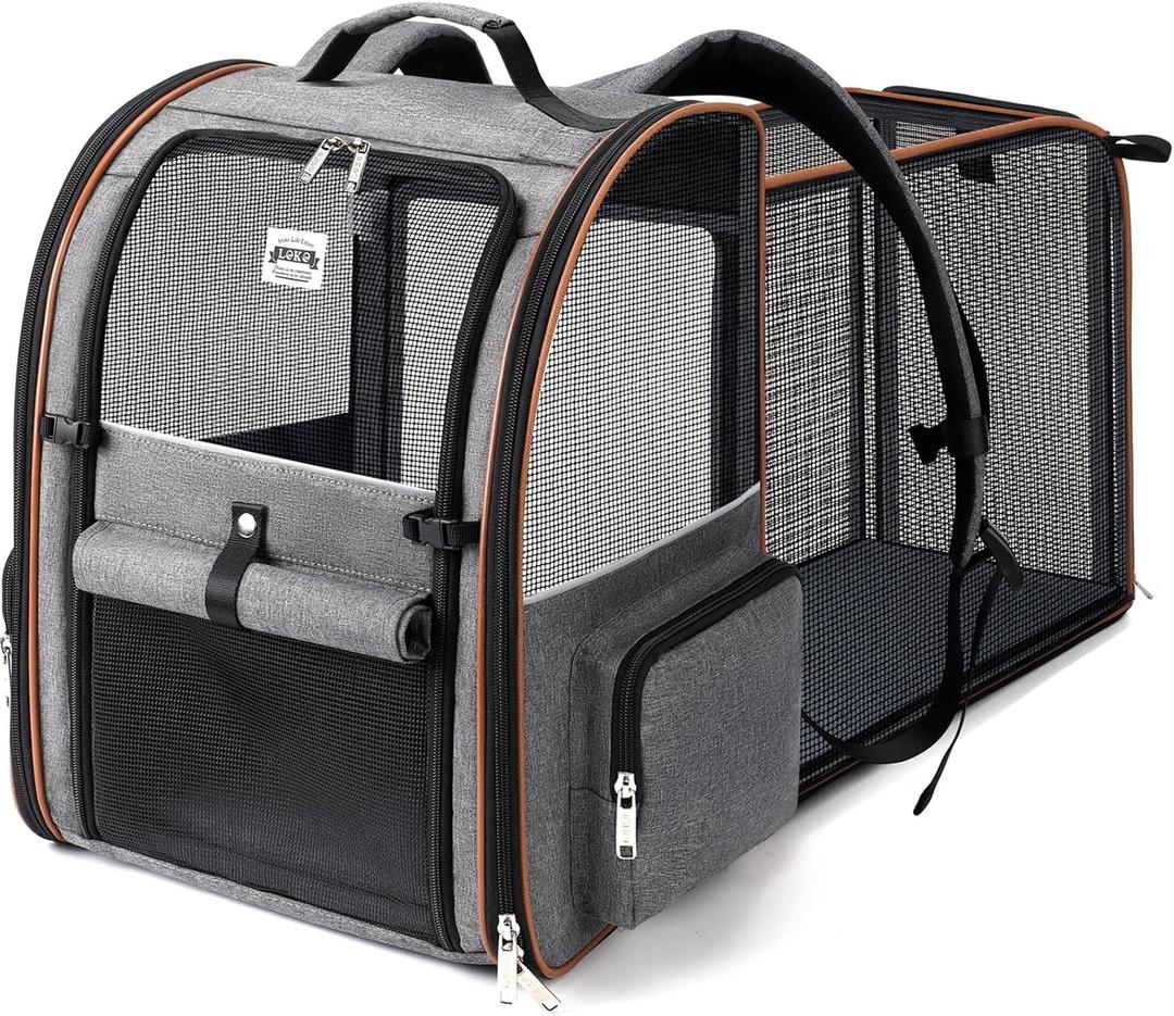 Lekebobor Large Cat Backpack Carrier Expandable Pet Carrier Backpack for Small Dogs Medium Cats Fit Up to 18 Lbs, Dog Backpack Carrier, Foldable Puppy Backpack Carrier for Travel, Hiking,Grey (12.6"L x 11.2"W x 16.5"H)