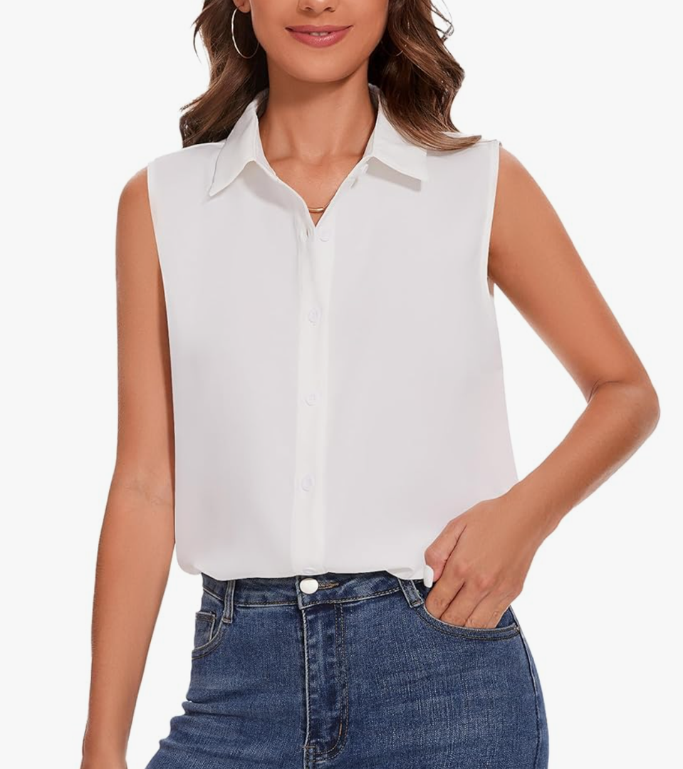 YAMANMAN Womens Sleeveless Button Down Shirt Classic Collared Blouse Basic Tank Tops Work Office Chiffon Tops, Size Medium