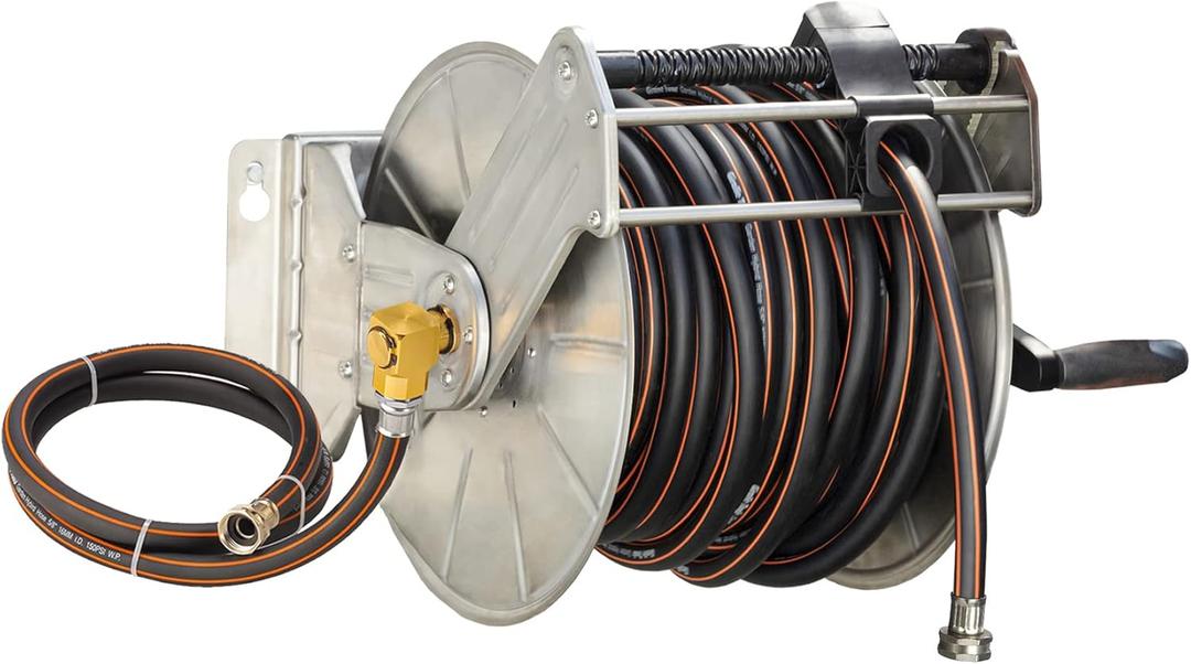 Giraffe Tools Stainless Steel Garden Hose Reel with 5/8" x 100 ft Heavy Duty Hose, Wall/Floor Mounted Metal Water Hose Reel with Crank Handle (with 100FT Hose, Silver)