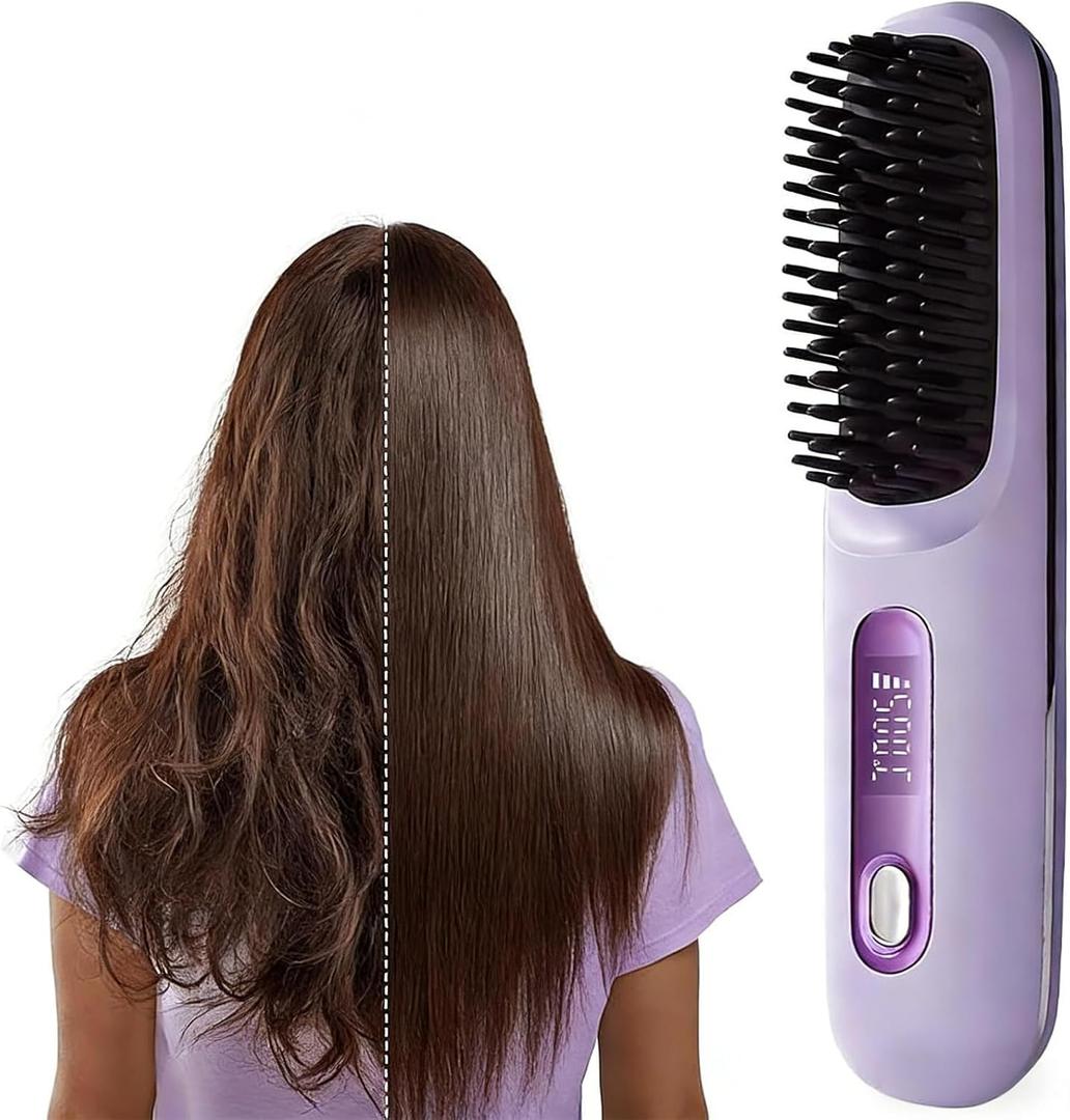 2026 New Go Brush Pro for Short Hair, Portable Straightener Brushs for Travel, with LCD Temperature Display,Fast Heating Cordless Mini Hair Brushs (Purple)